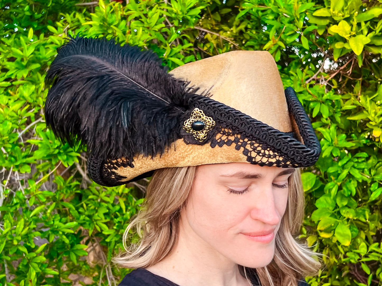 Bicorn Hat 22" Gold Velvet Polyester Base with Black Trim, Feathers, and Brooch