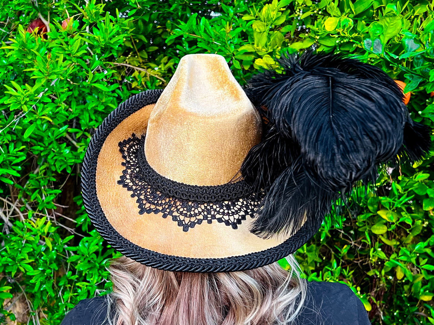 Bicorn Hat 22" Gold Velvet Polyester Base with Black Trim, Feathers, and Brooch