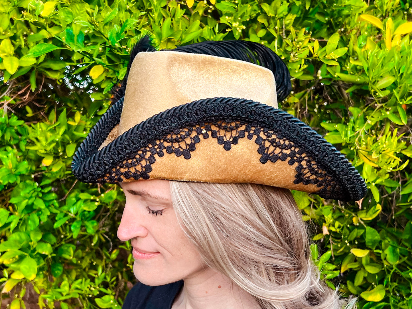 Bicorn Hat 22" Gold Velvet Polyester Base with Black Trim, Feathers, and Brooch