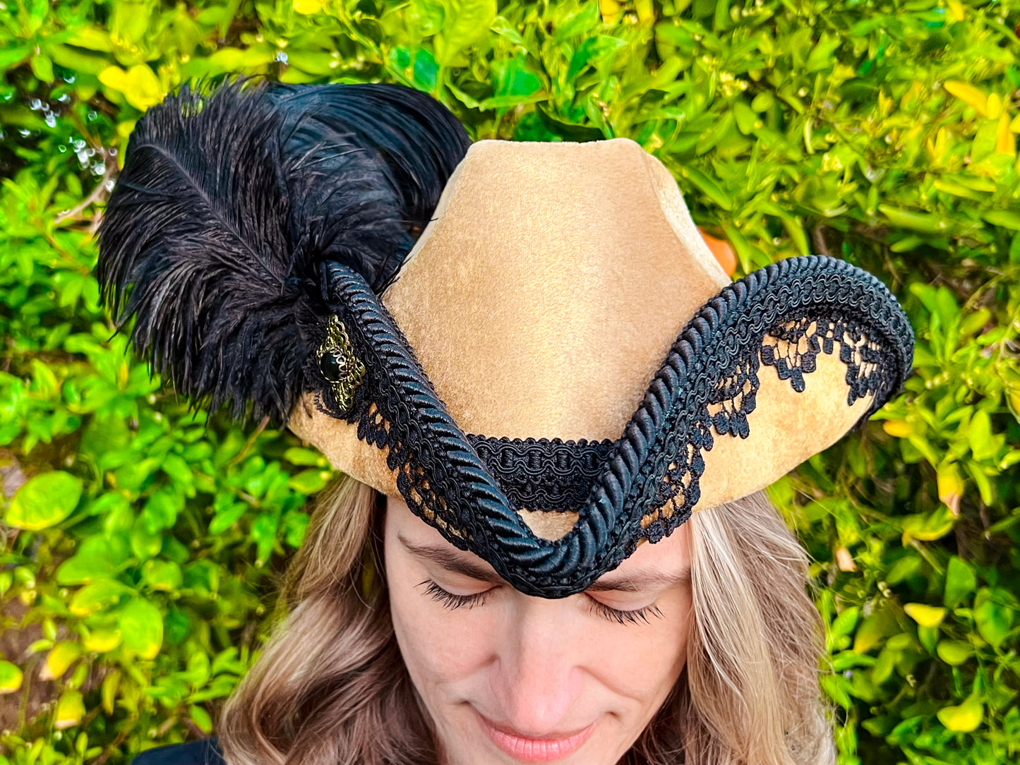 Bicorn Hat 22" Gold Velvet Polyester Base with Black Trim, Feathers, and Brooch