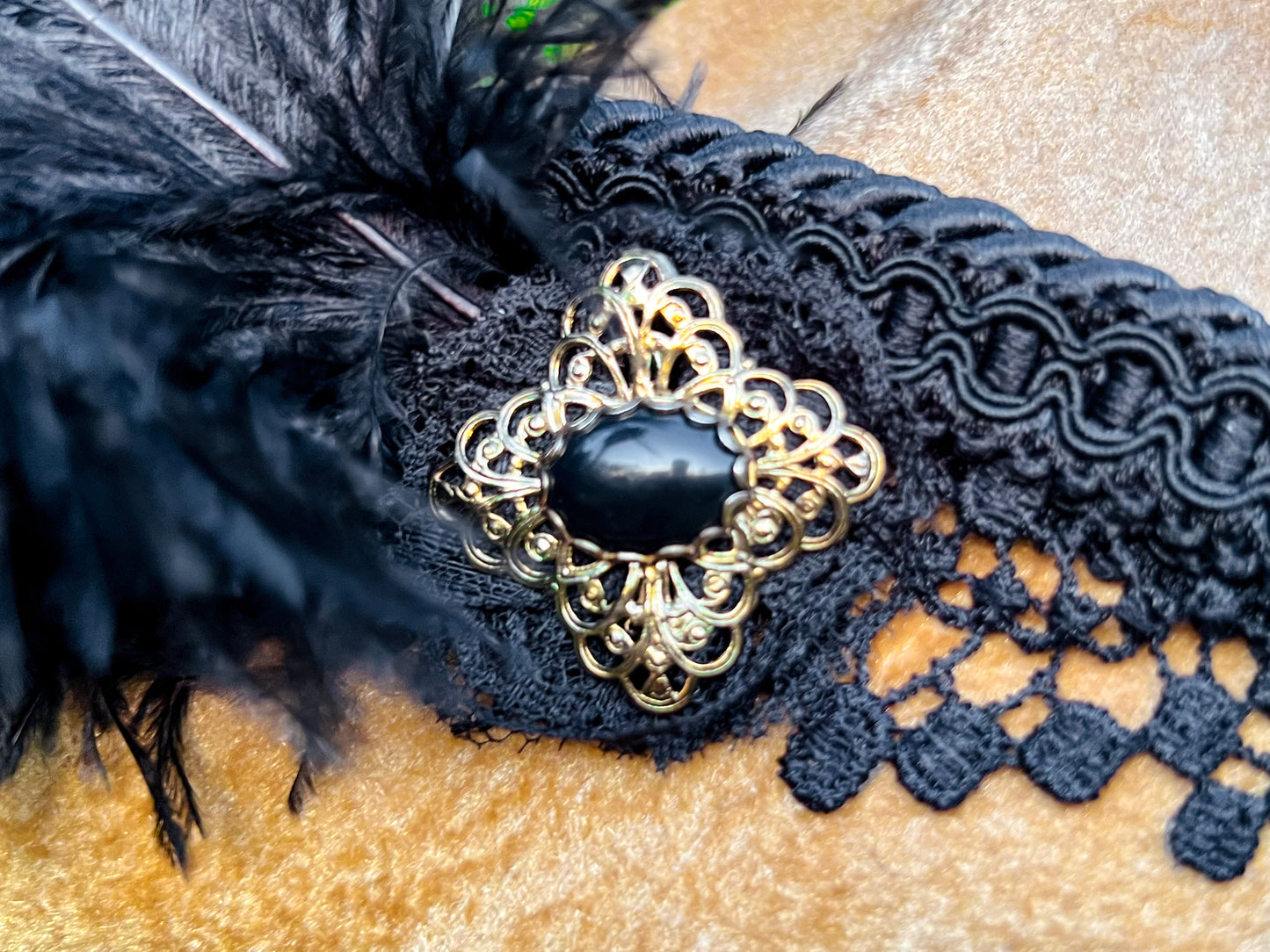 Bicorn Hat 22" Gold Velvet Polyester Base with Black Trim, Feathers, and Brooch