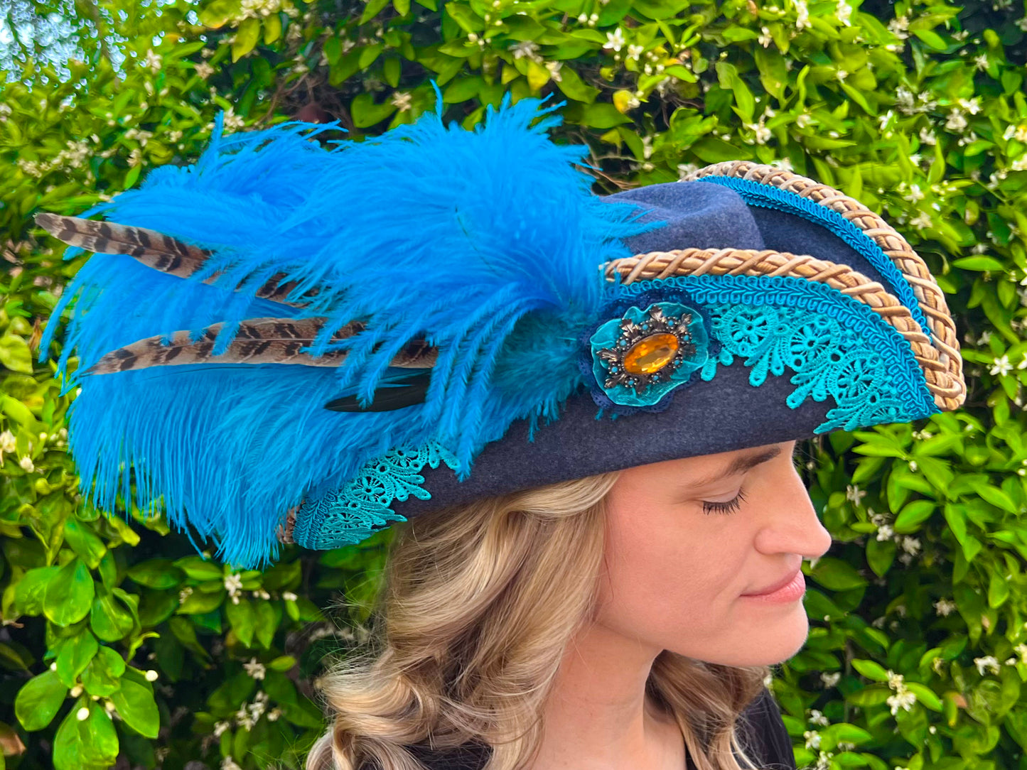 Bicorn Hat 22" Navy Wool Base with Gold/Turquoise Trim, Feathers, and Brooch