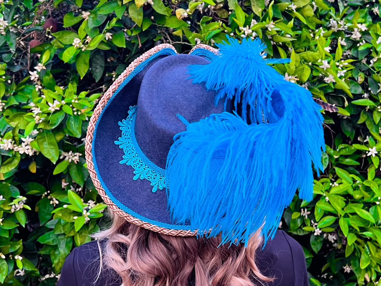 Bicorn Hat 22" Navy Wool Base with Gold/Turquoise Trim, Feathers, and Brooch