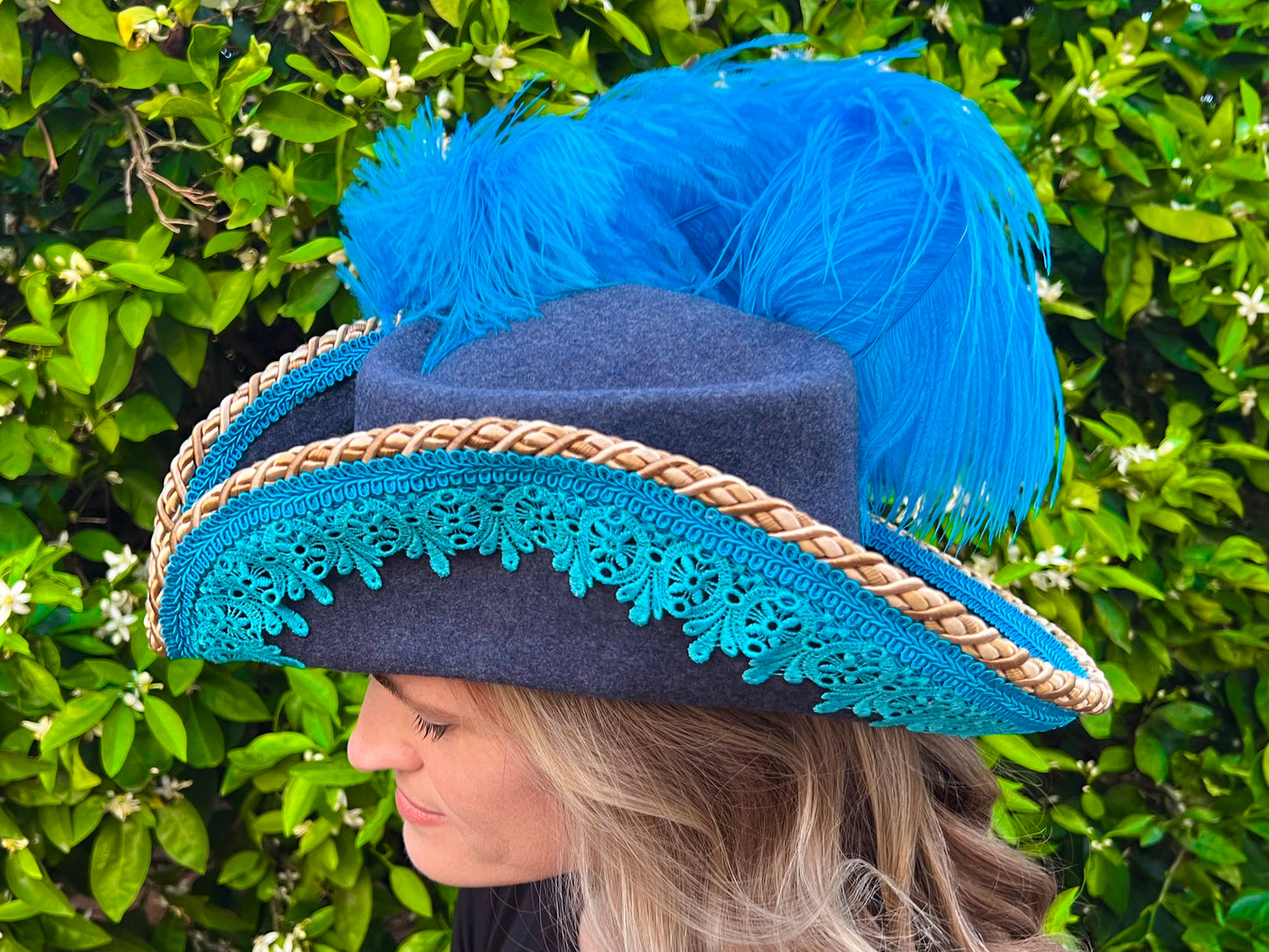 Bicorn Hat 22" Navy Wool Base with Gold/Turquoise Trim, Feathers, and Brooch