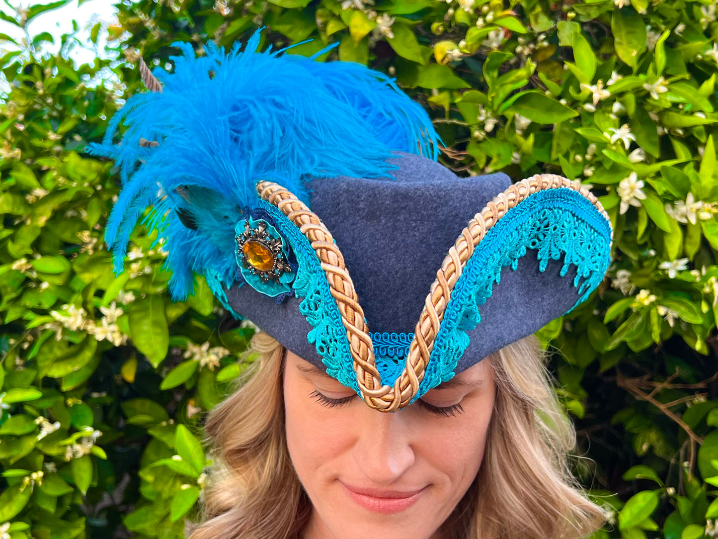 Bicorn Hat 22" Navy Wool Base with Gold/Turquoise Trim, Feathers, and Brooch