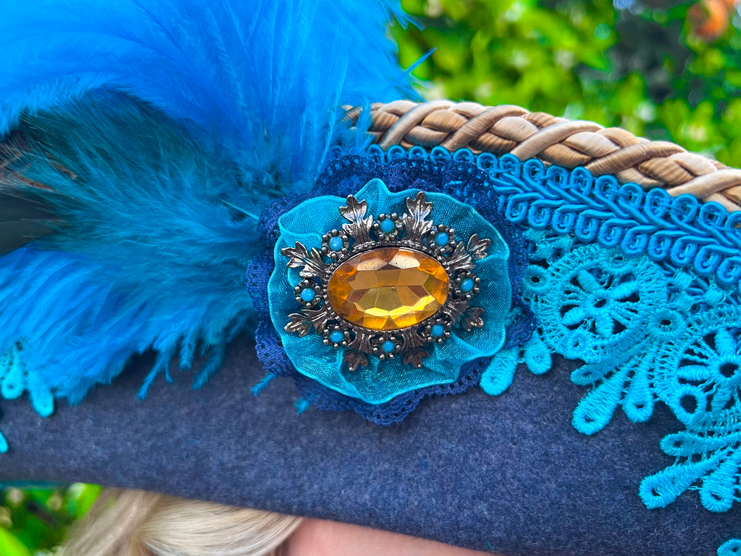 Bicorn Hat 22" Navy Wool Base with Gold/Turquoise Trim, Feathers, and Brooch