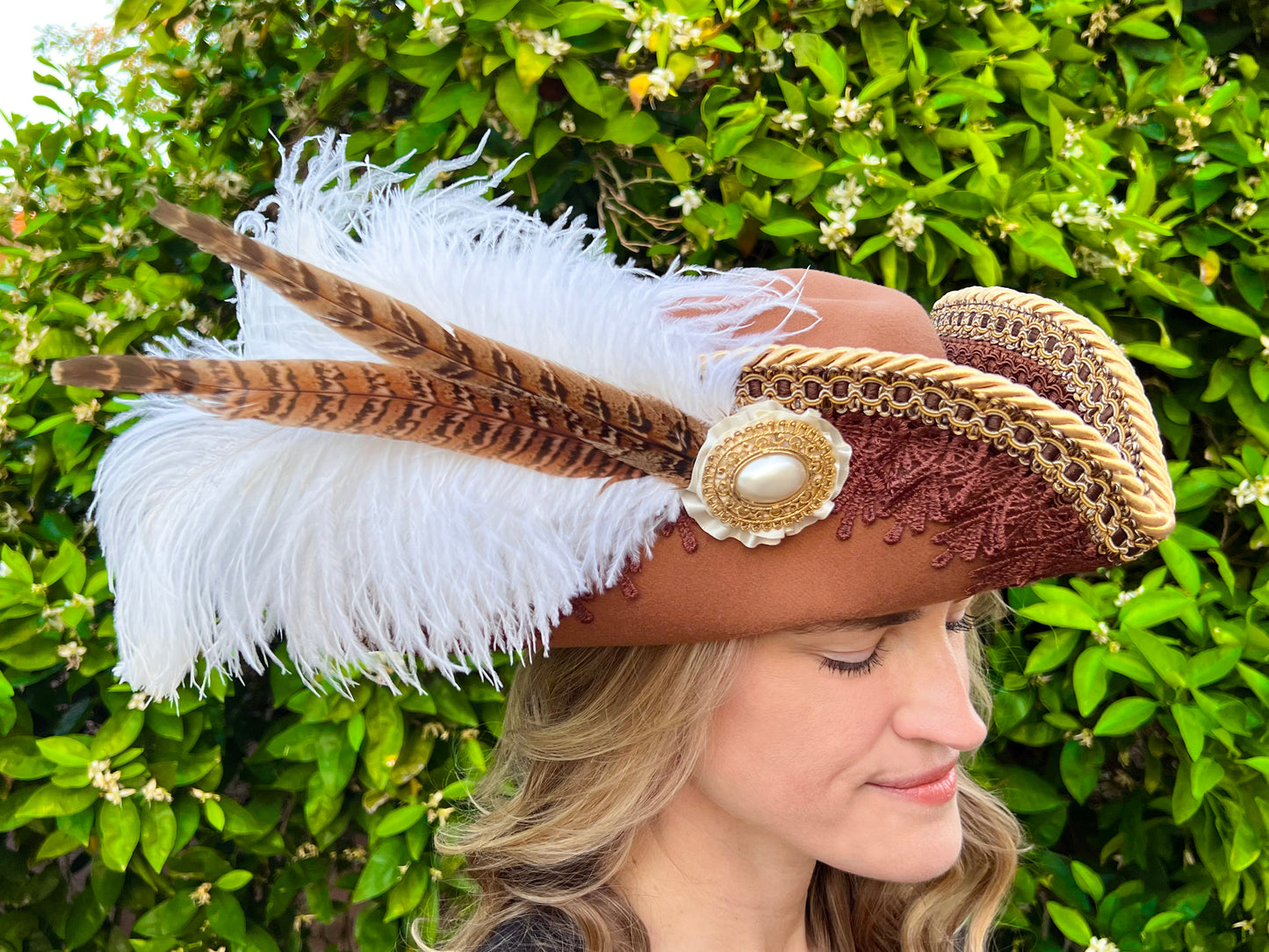 Tricorn Hat 22.5" Brown Polyester Base with Gold/Brown Trim, Feathers, and Brooch