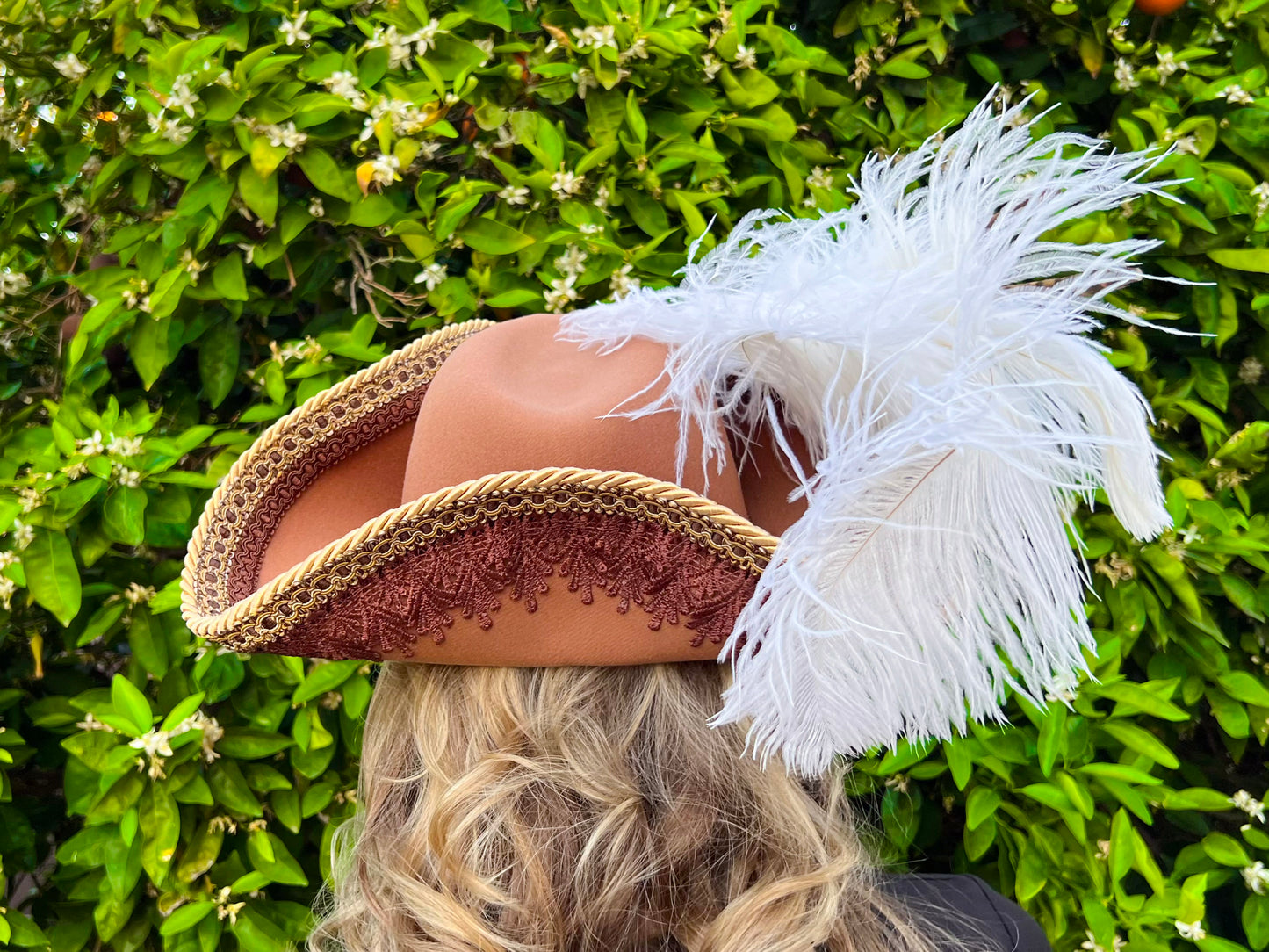 Tricorn Hat 22.5" Brown Polyester Base with Gold/Brown Trim, Feathers, and Brooch