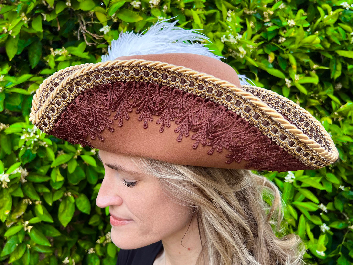 Tricorn Hat 22.5" Brown Polyester Base with Gold/Brown Trim, Feathers, and Brooch