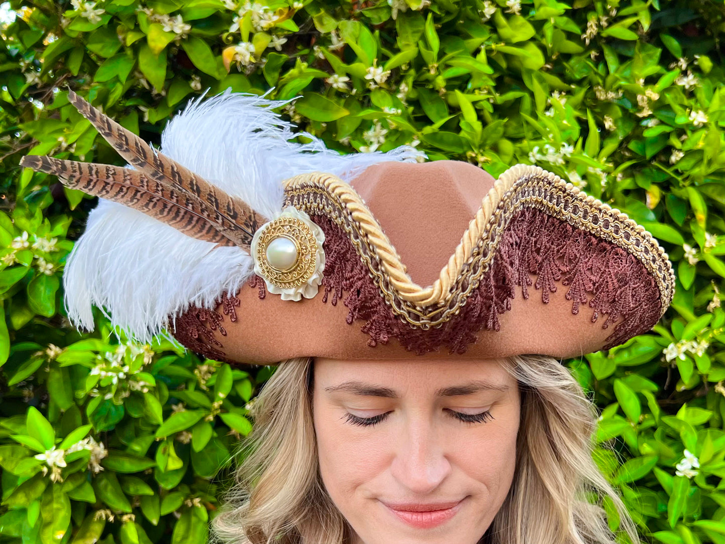 Tricorn Hat 22.5" Brown Polyester Base with Gold/Brown Trim, Feathers, and Brooch