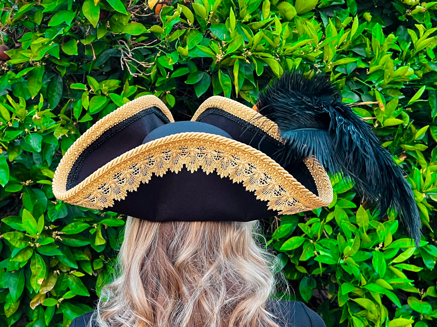 Tricorn Hat 22" Black Polyester Base with Gold Trim, Feathers, and Gold Brooch