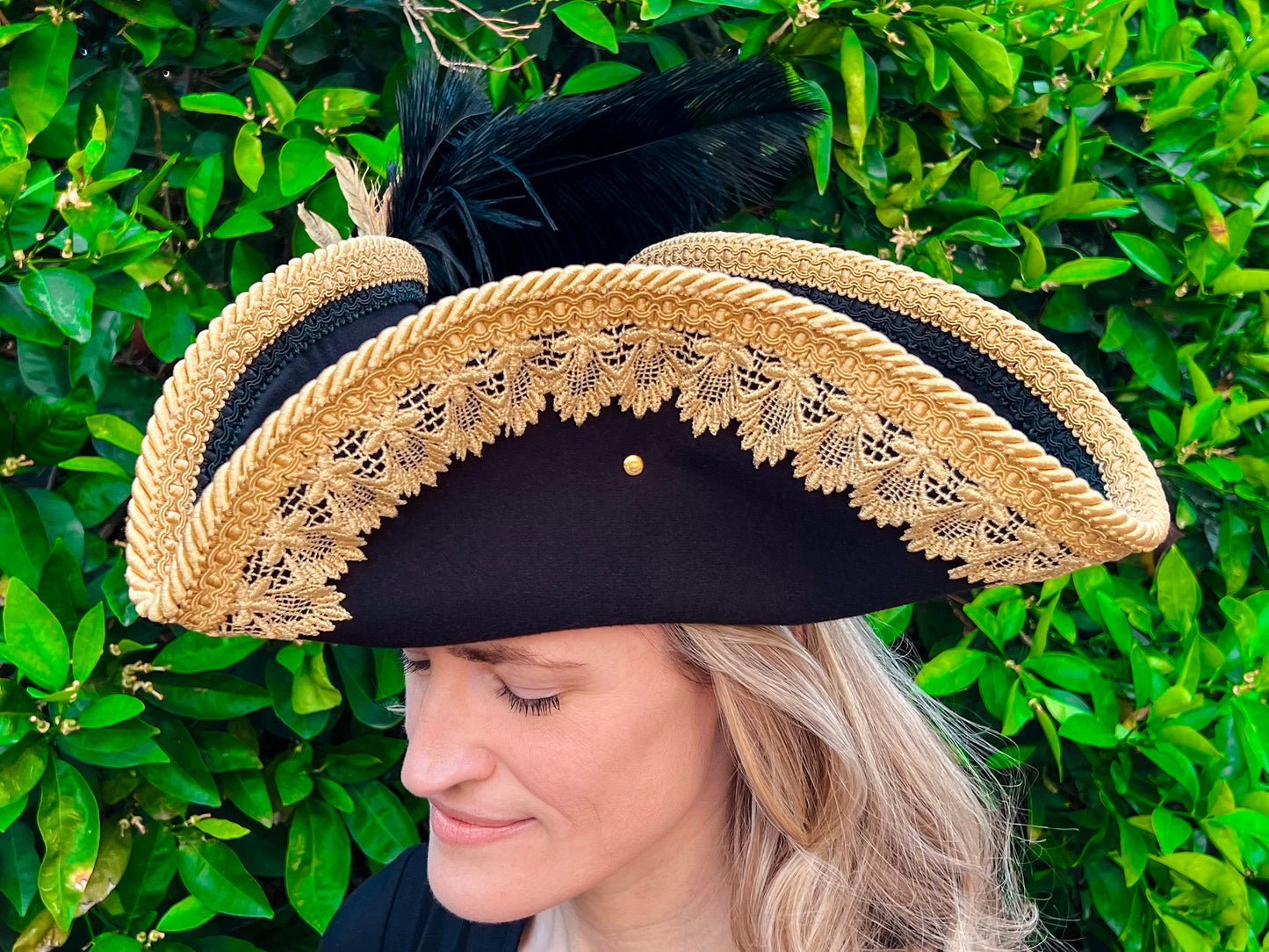 Tricorn Hat 22" Black Polyester Base with Gold Trim, Feathers, and Gold Brooch