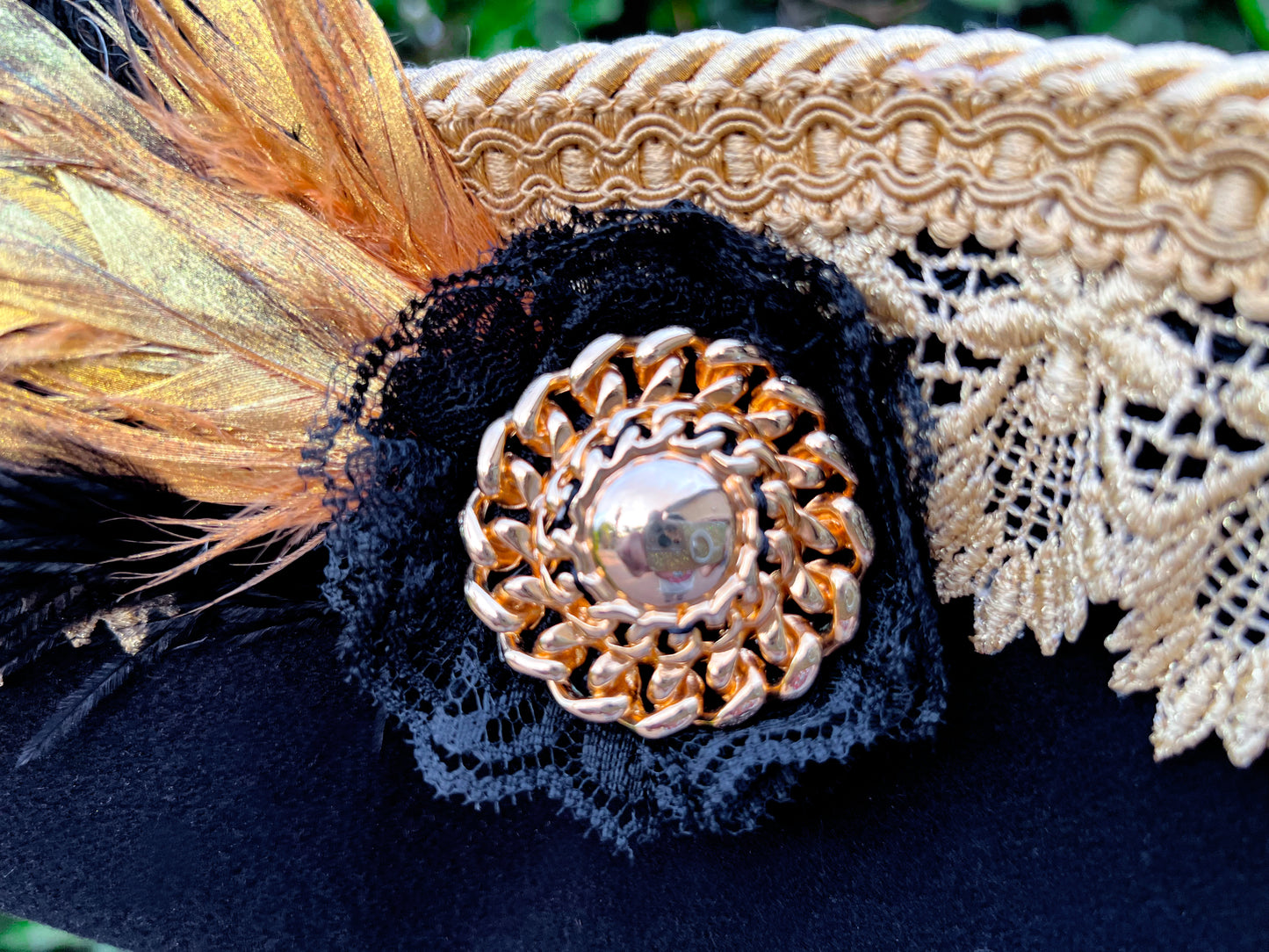Tricorn Hat 22" Black Polyester Base with Gold Trim, Feathers, and Gold Brooch