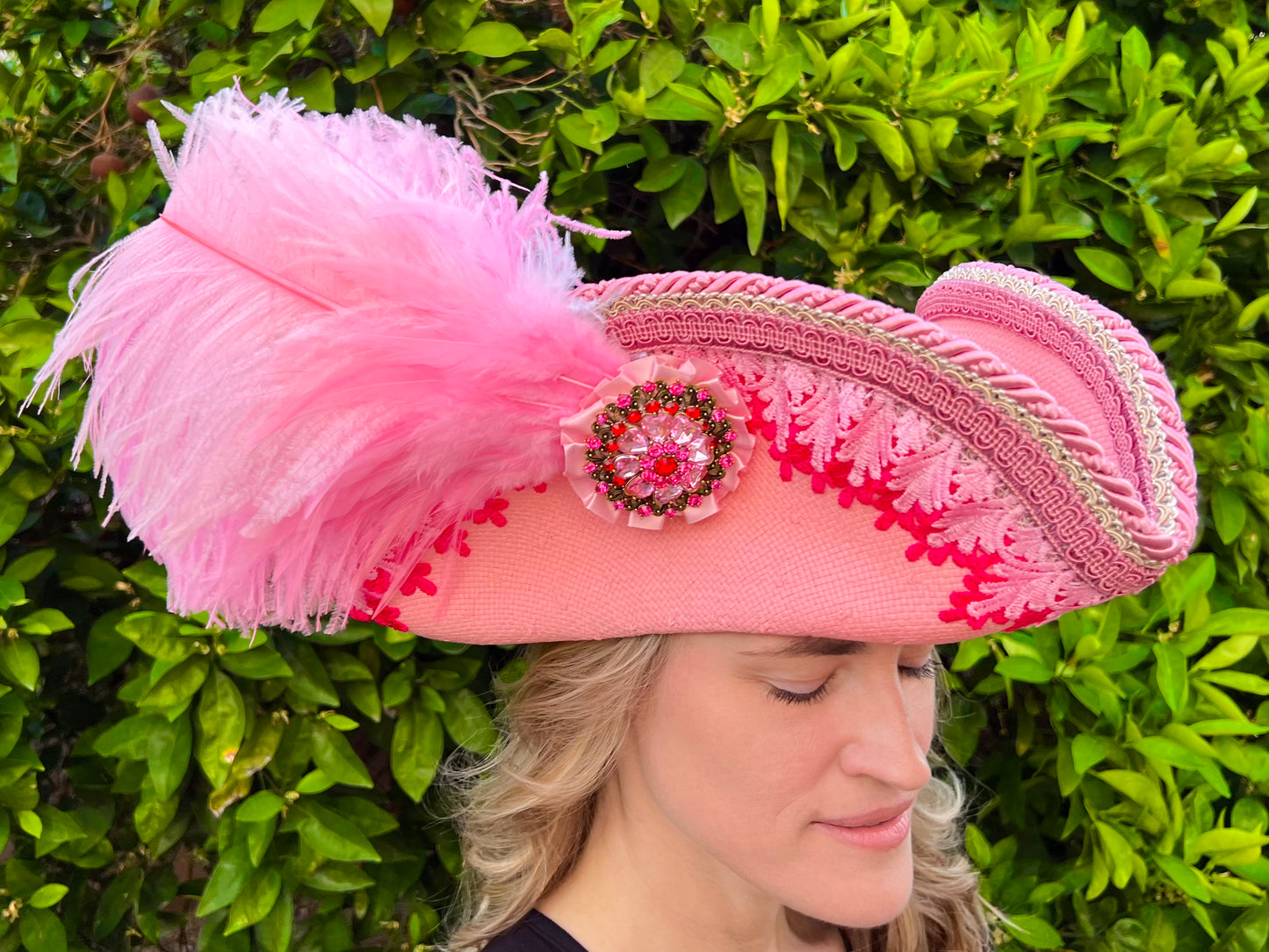 Tricorn Hat 22" Pink Straw Base with Pink Trim, Feathers, and Rhinestone Brooch