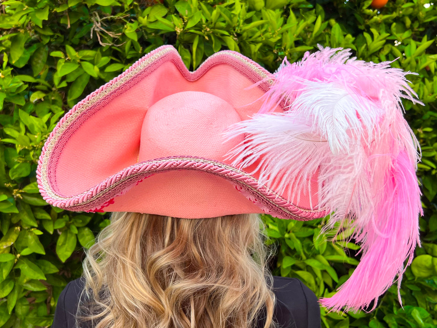 Tricorn Hat 22" Pink Straw Base with Pink Trim, Feathers, and Rhinestone Brooch
