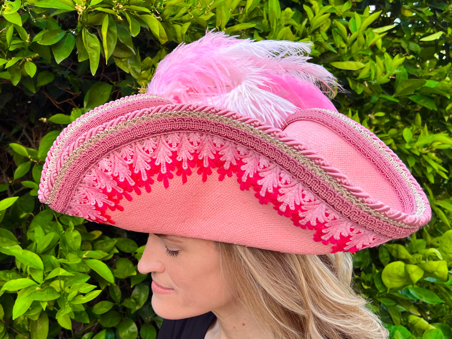 Tricorn Hat 22" Pink Straw Base with Pink Trim, Feathers, and Rhinestone Brooch