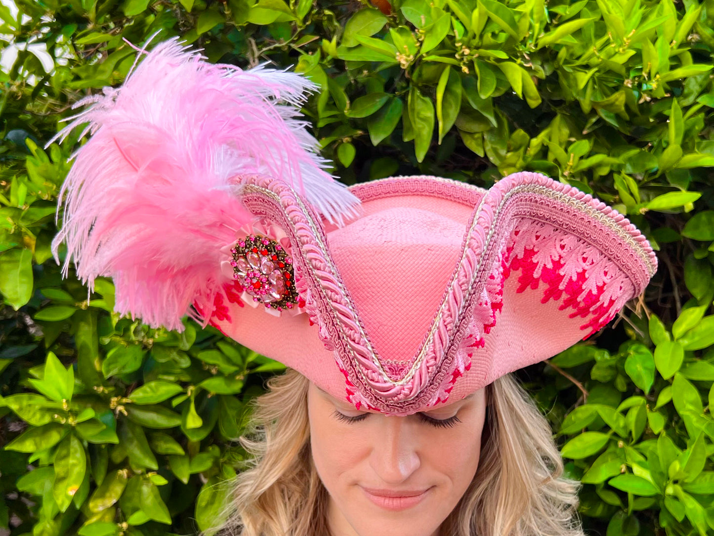 Tricorn Hat 22" Pink Straw Base with Pink Trim, Feathers, and Rhinestone Brooch