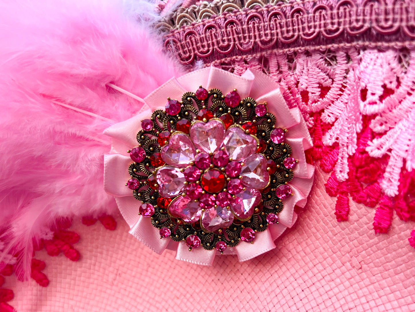 Tricorn Hat 22" Pink Straw Base with Pink Trim, Feathers, and Rhinestone Brooch