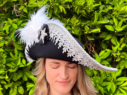 Cavalier Hat 23" Black Wool Base with Silver Trim, Feathers, and Starfish Brooch