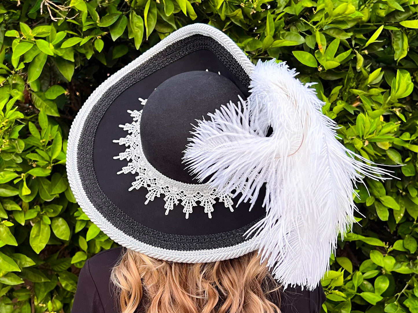 Cavalier Hat 23" Black Wool Base with Silver Trim, Feathers, and Starfish Brooch