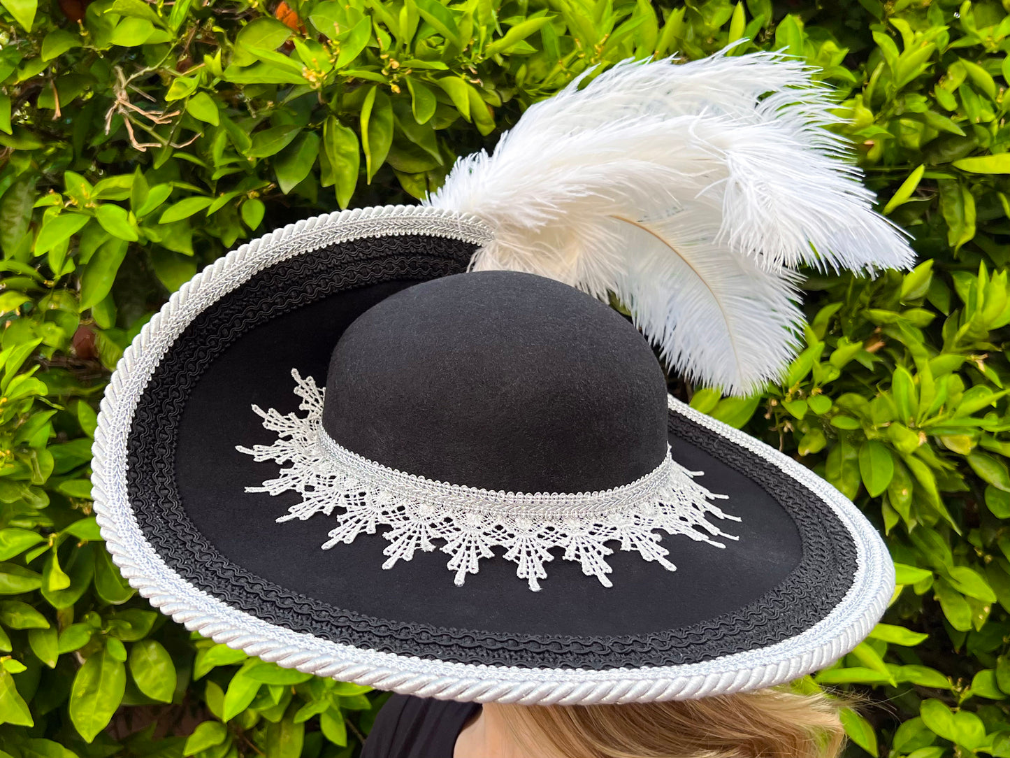 Cavalier Hat 23" Black Wool Base with Silver Trim, Feathers, and Starfish Brooch