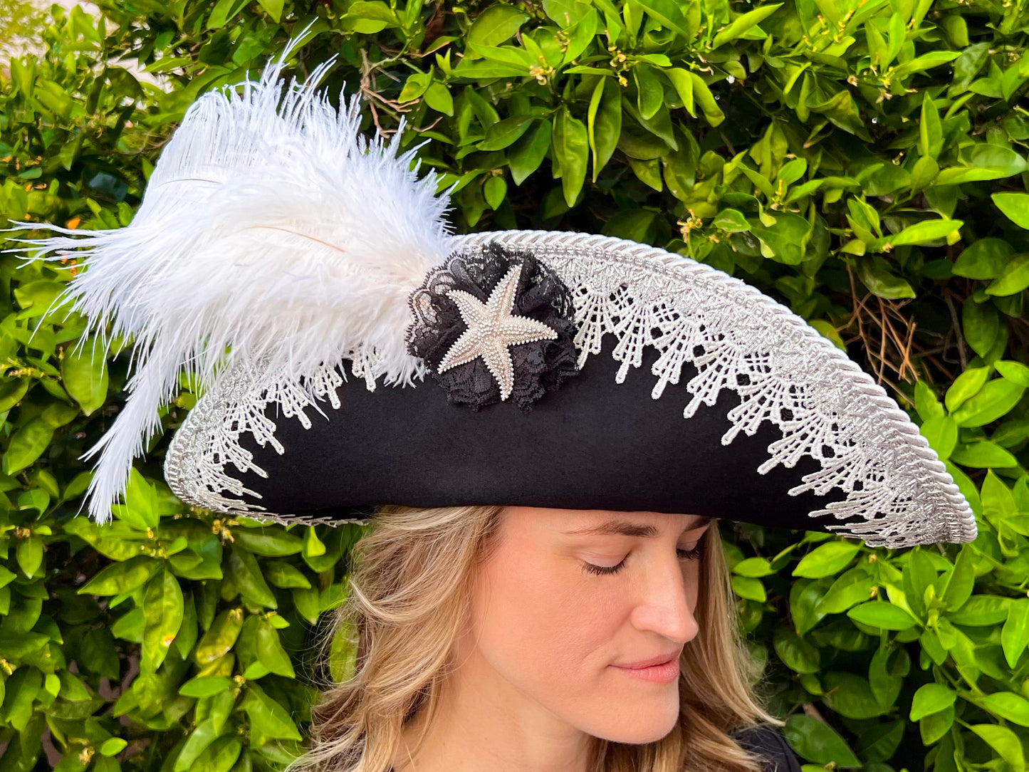 Cavalier Hat 23" Black Wool Base with Silver Trim, Feathers, and Starfish Brooch