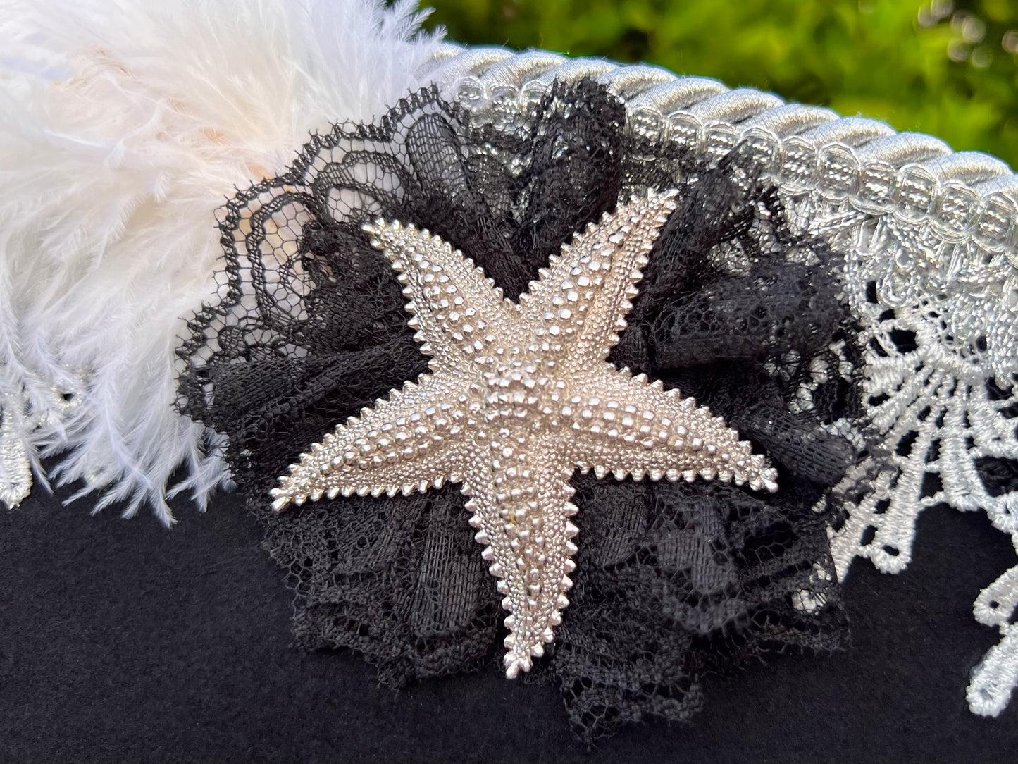 Cavalier Hat 23" Black Wool Base with Silver Trim, Feathers, and Starfish Brooch