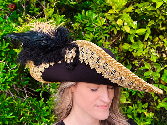 Cavalier Hat 23.25" Black Polyester Base with Gold Trim, Feathers, and Eagle Brooch
