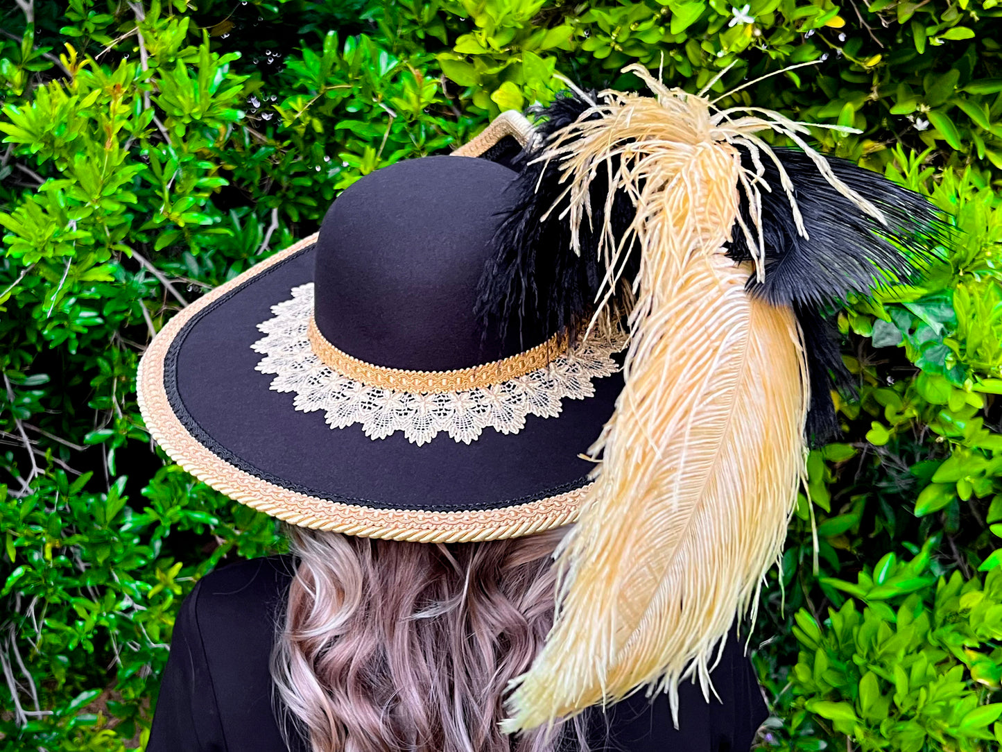 Cavalier Hat 23.25" Black Polyester Base with Gold Trim, Feathers, and Eagle Brooch