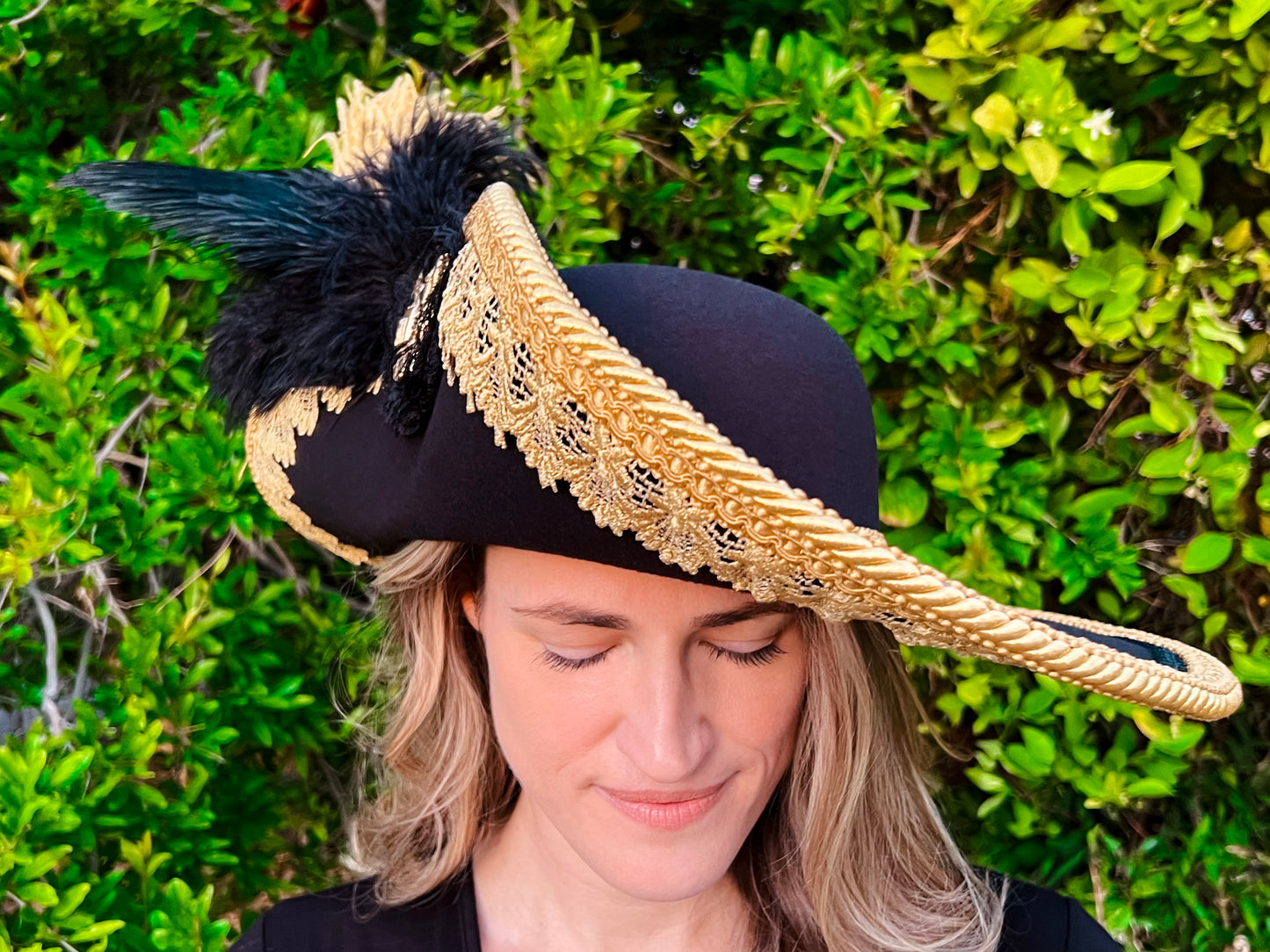 Cavalier Hat 23.25" Black Polyester Base with Gold Trim, Feathers, and Eagle Brooch