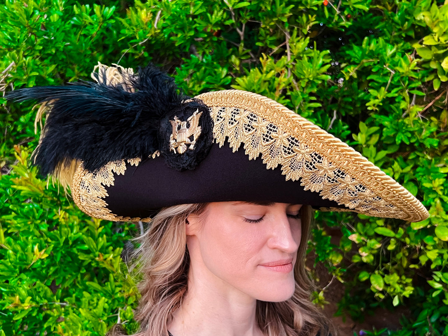 Cavalier Hat 23.25" Black Polyester Base with Gold Trim, Feathers, and Eagle Brooch