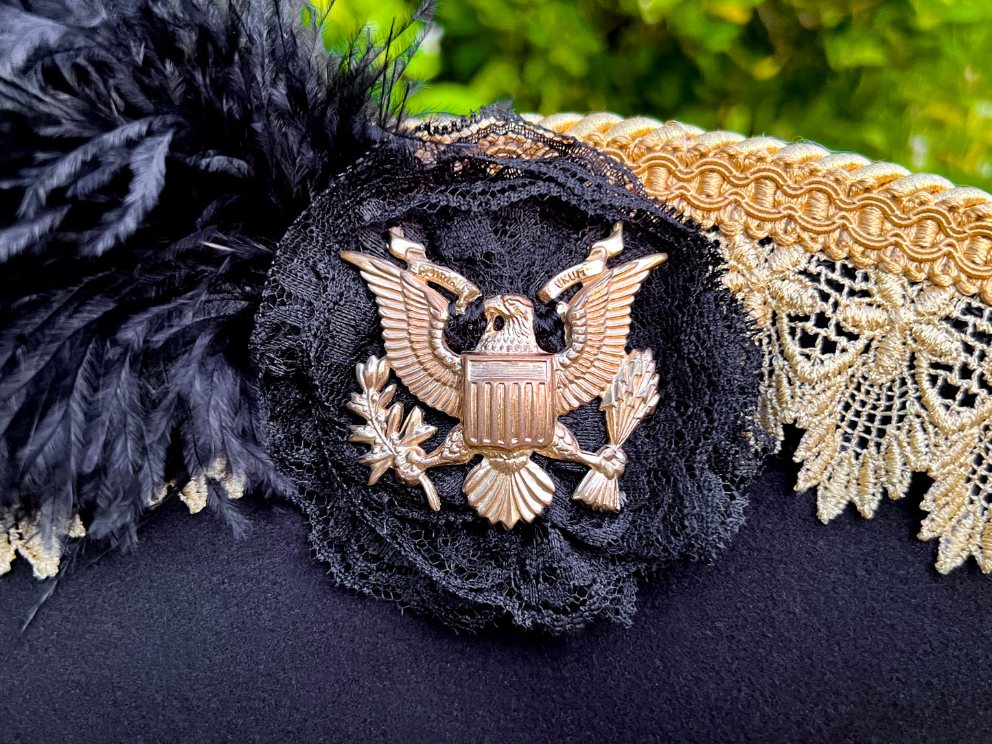 Cavalier Hat 23.25" Black Polyester Base with Gold Trim, Feathers, and Eagle Brooch