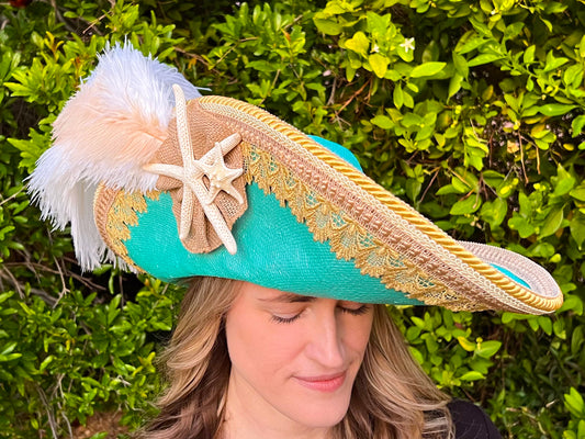 Cavalier Hat 22" Mermaid Straw Base with Gold Trim, Feathers, and Starfish Brooch
