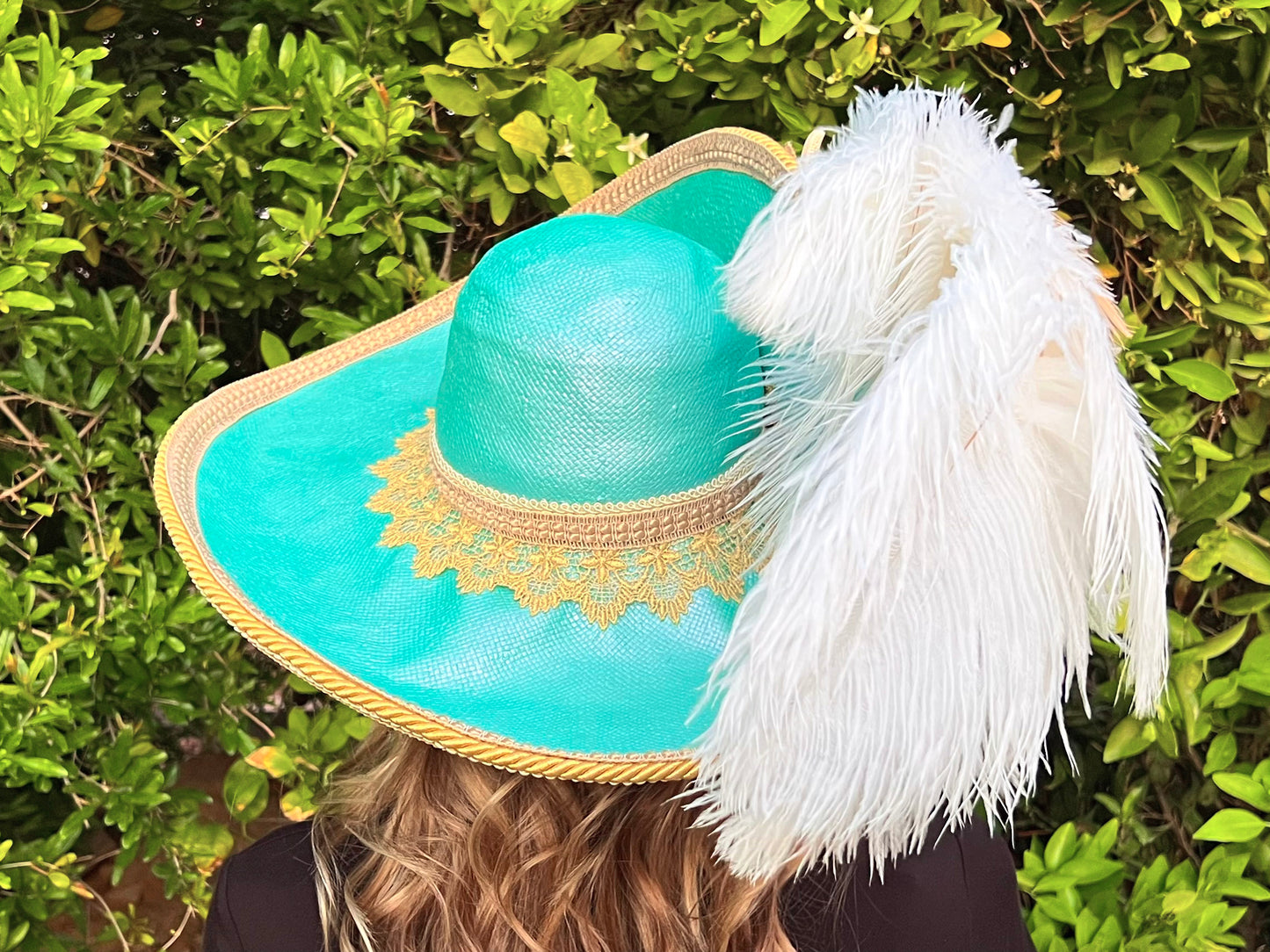 Cavalier Hat 22" Mermaid Straw Base with Gold Trim, Feathers, and Starfish Brooch