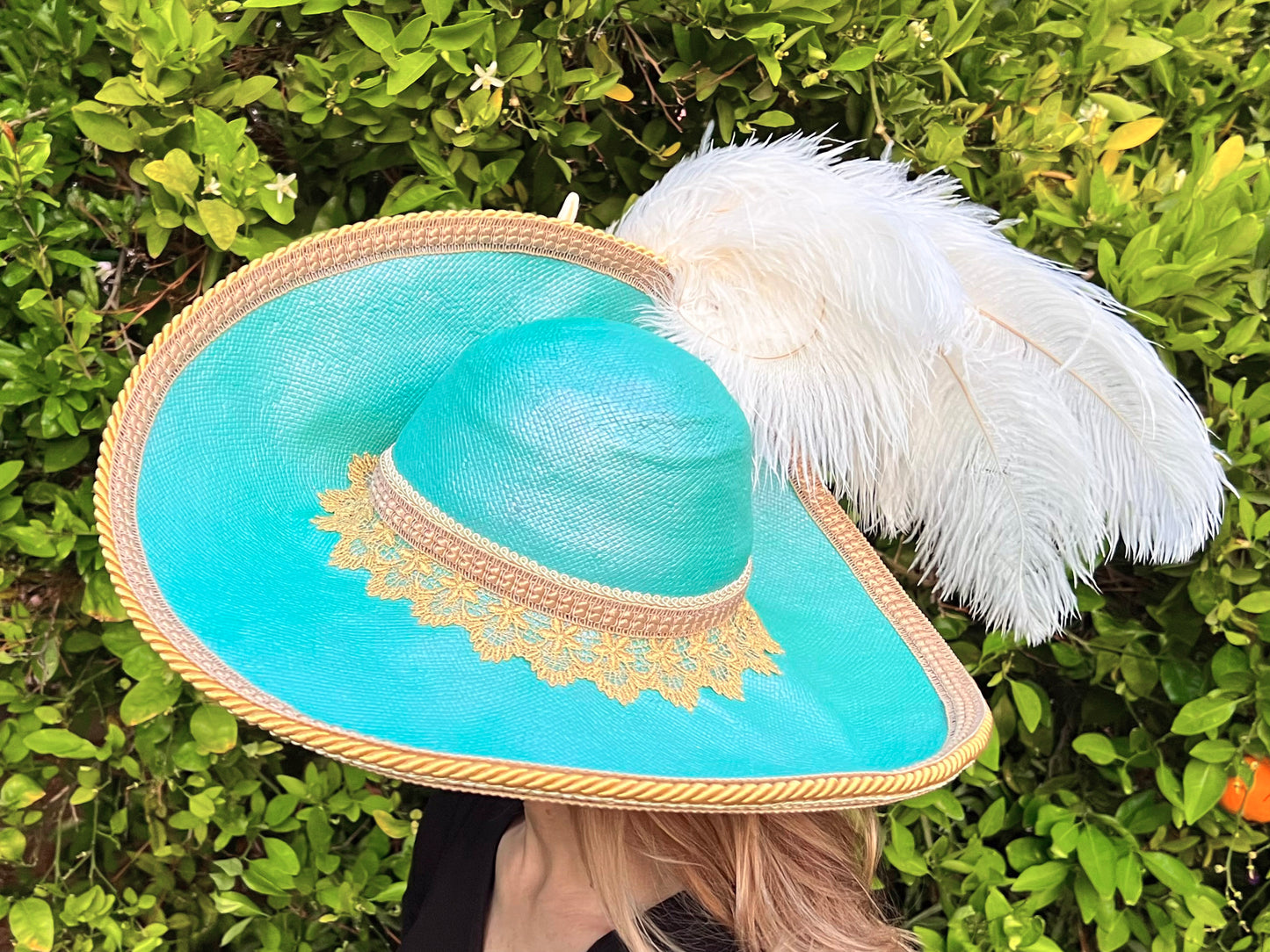 Cavalier Hat 22" Mermaid Straw Base with Gold Trim, Feathers, and Starfish Brooch