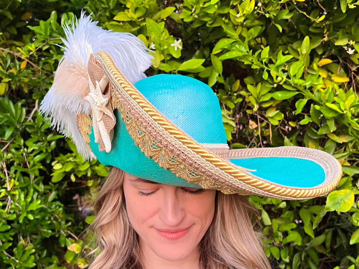 Cavalier Hat 22" Mermaid Straw Base with Gold Trim, Feathers, and Starfish Brooch