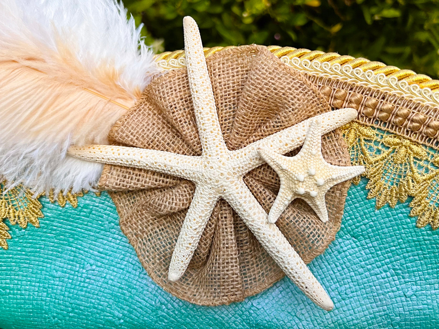Cavalier Hat 22" Mermaid Straw Base with Gold Trim, Feathers, and Starfish Brooch