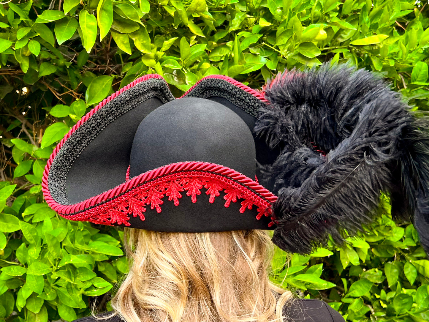 Tricorn Hat 22" Black Wool Base with Dark Red Trim, Feathers, and Vintage Brooch