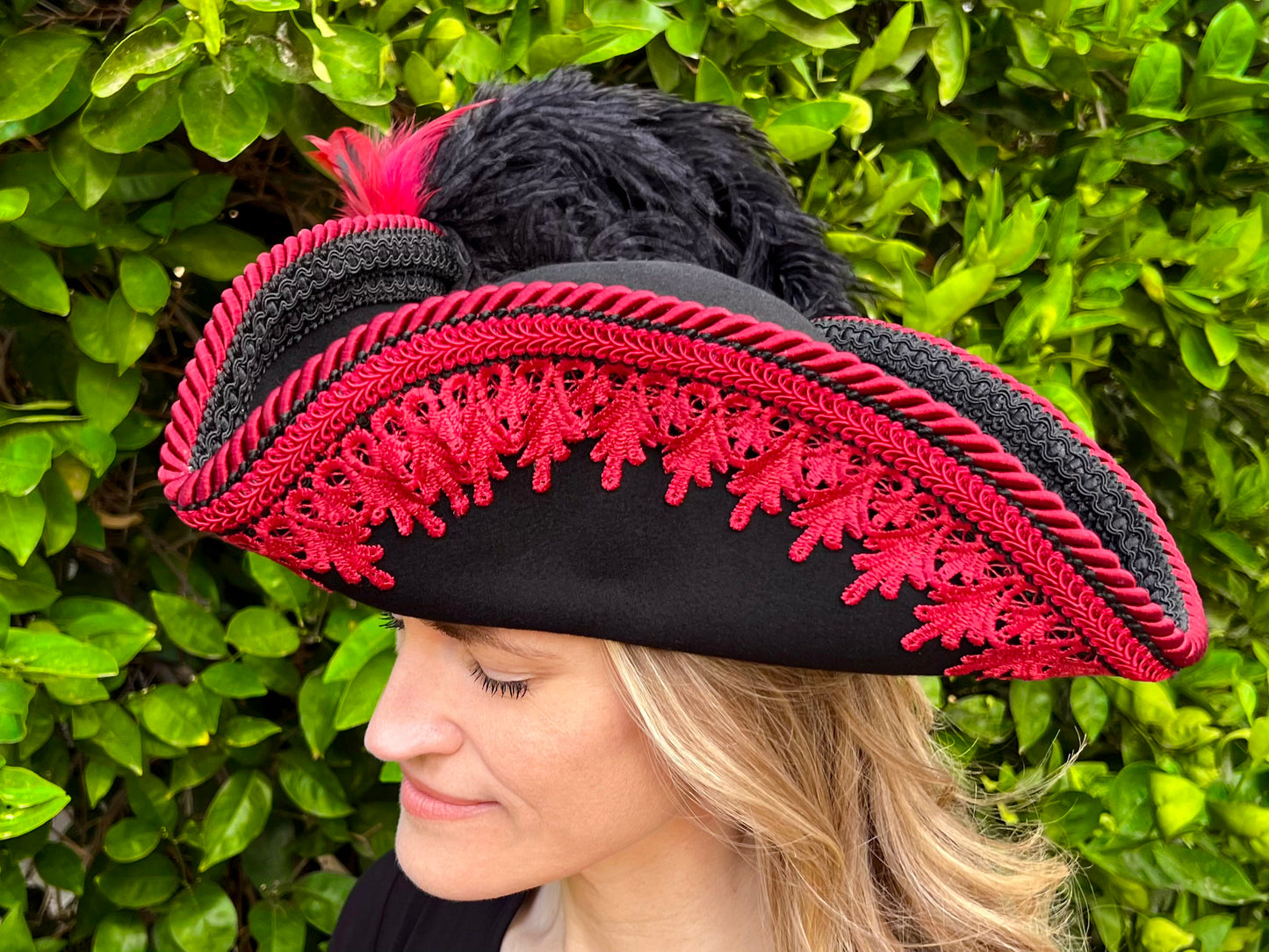 Tricorn Hat 22" Black Wool Base with Dark Red Trim, Feathers, and Vintage Brooch