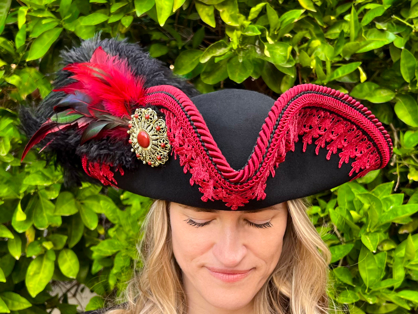Tricorn Hat 22" Black Wool Base with Dark Red Trim, Feathers, and Vintage Brooch
