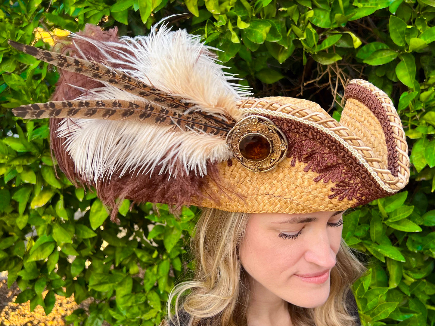 Tricorn Hat 21.25" Tan Straw Base with Brown/Gold Trim, Feathers, and Brooch