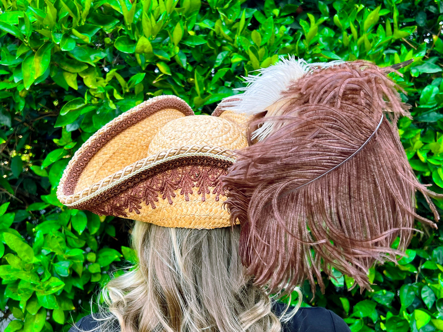 Tricorn Hat 21.25" Tan Straw Base with Brown/Gold Trim, Feathers, and Brooch