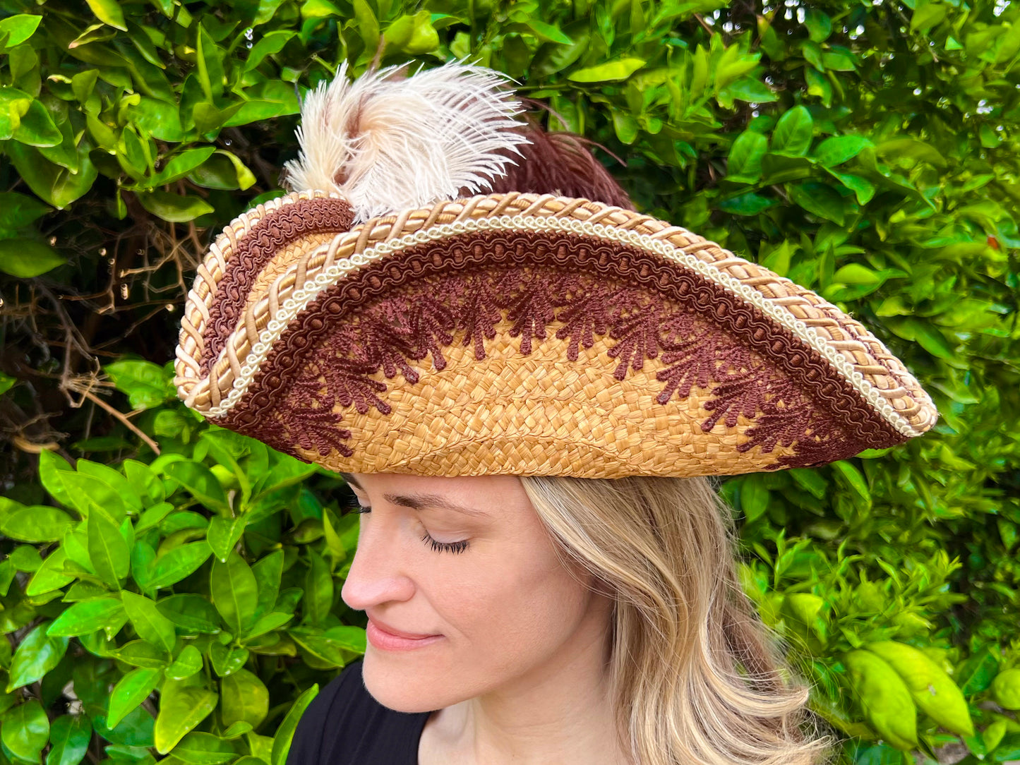 Tricorn Hat 21.25" Tan Straw Base with Brown/Gold Trim, Feathers, and Brooch