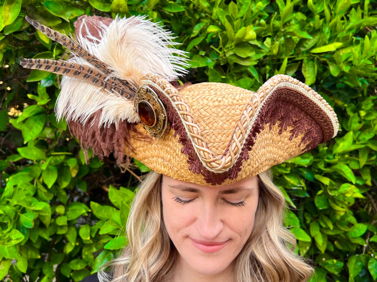 Tricorn Hat 21.25" Tan Straw Base with Brown/Gold Trim, Feathers, and Brooch