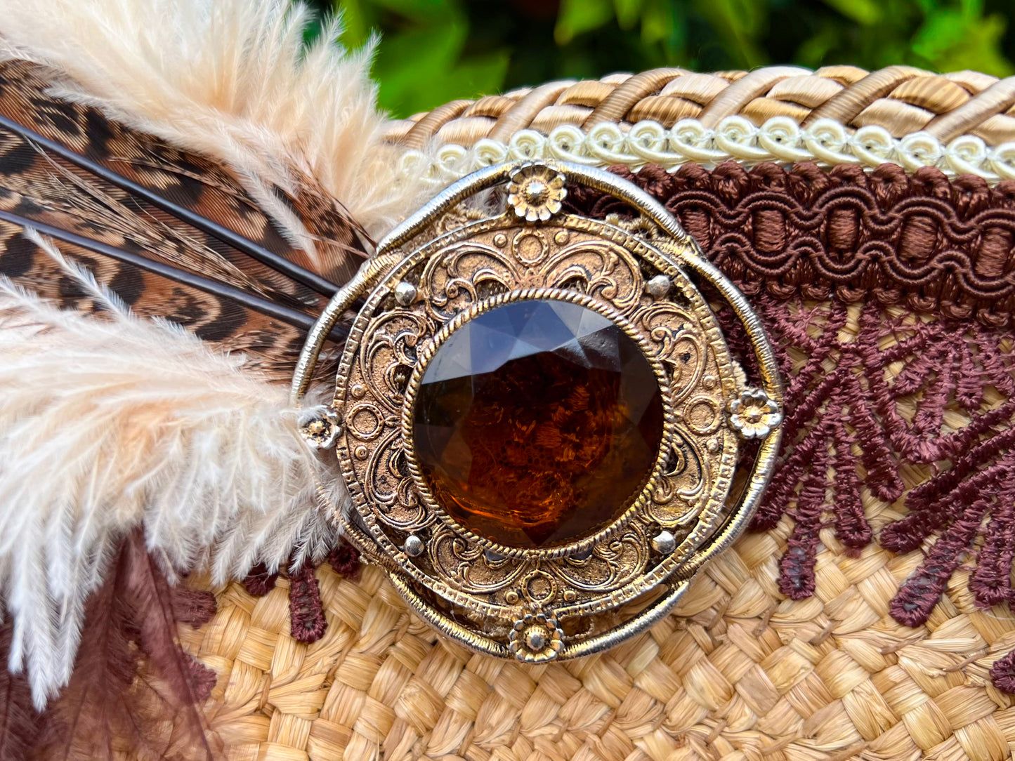Tricorn Hat 21.25" Tan Straw Base with Brown/Gold Trim, Feathers, and Brooch