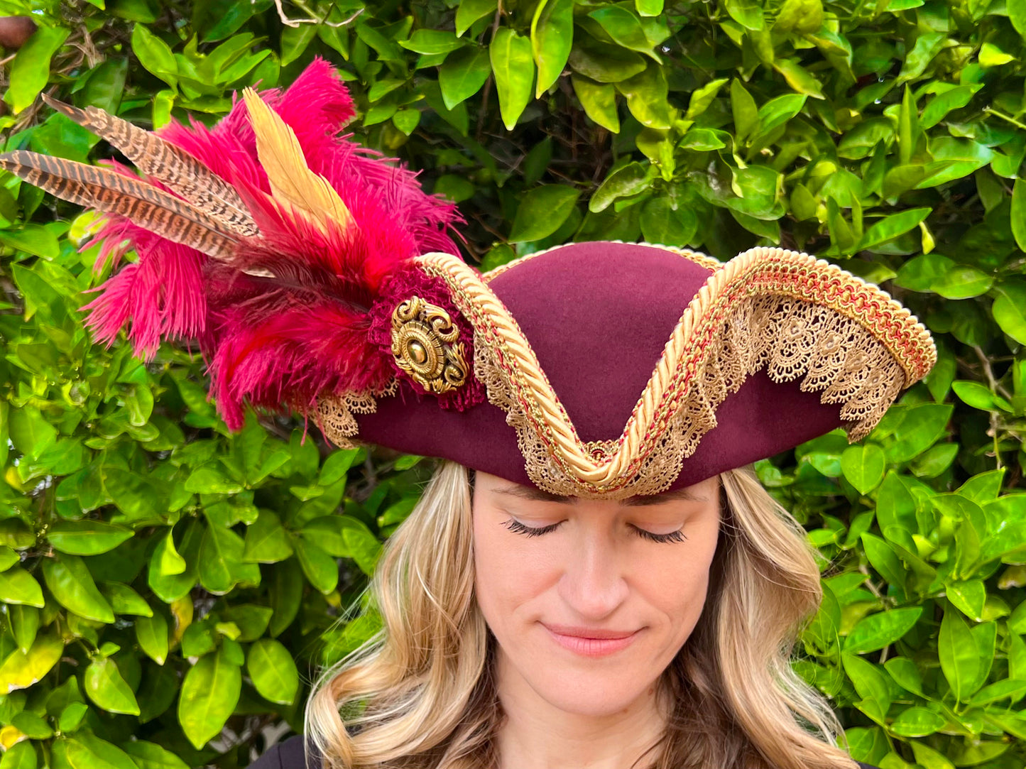 Tricorn Hat 21.75" Maroon Wool Base with Gold Trim, Feathers, and Vintage Brooch