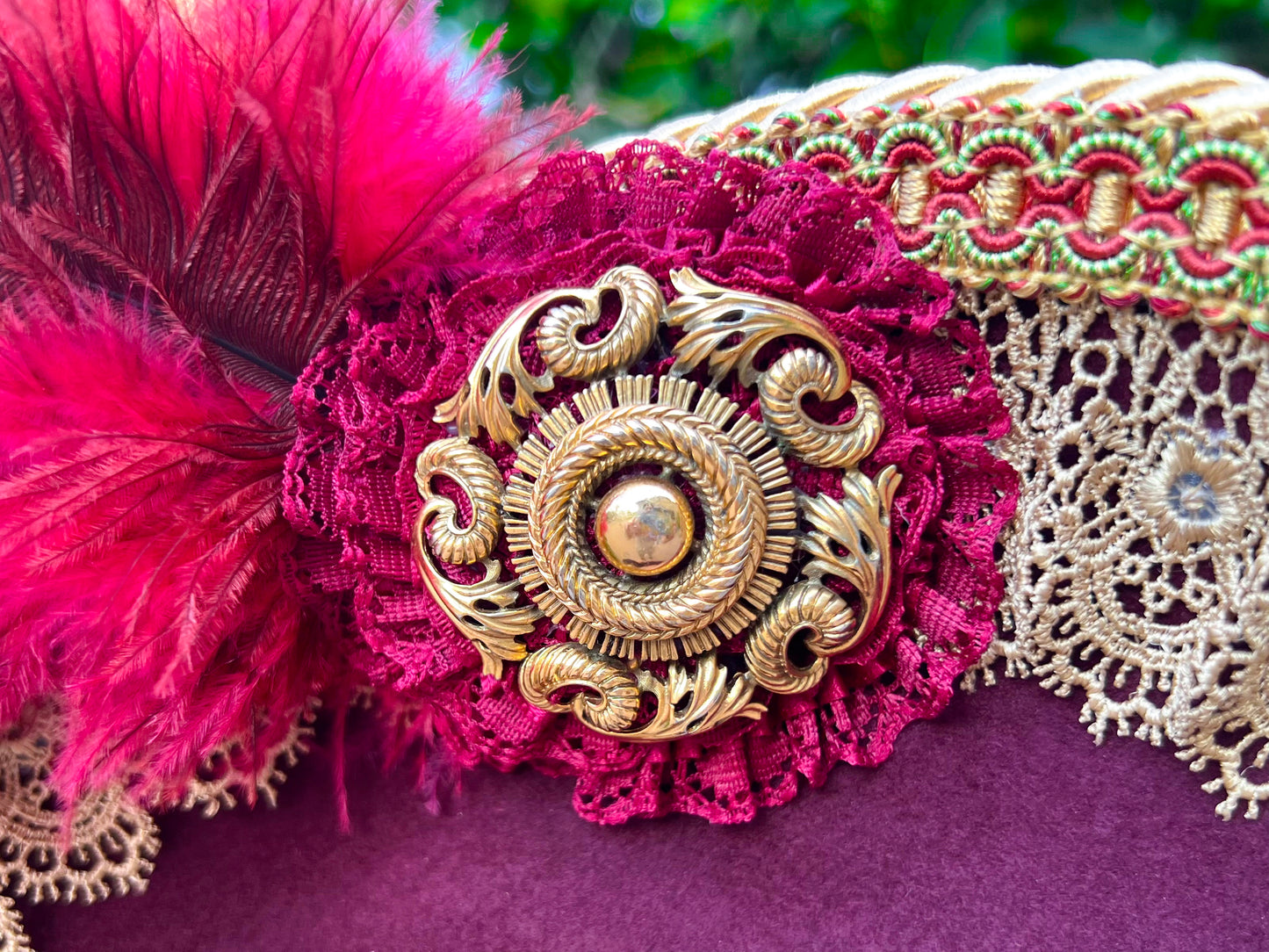 Tricorn Hat 21.75" Maroon Wool Base with Gold Trim, Feathers, and Vintage Brooch