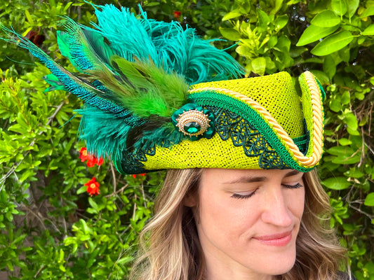 Bicorn Hat 22.5" Green Straw Base with Emerald Green Trim, Feathers, and Brooch