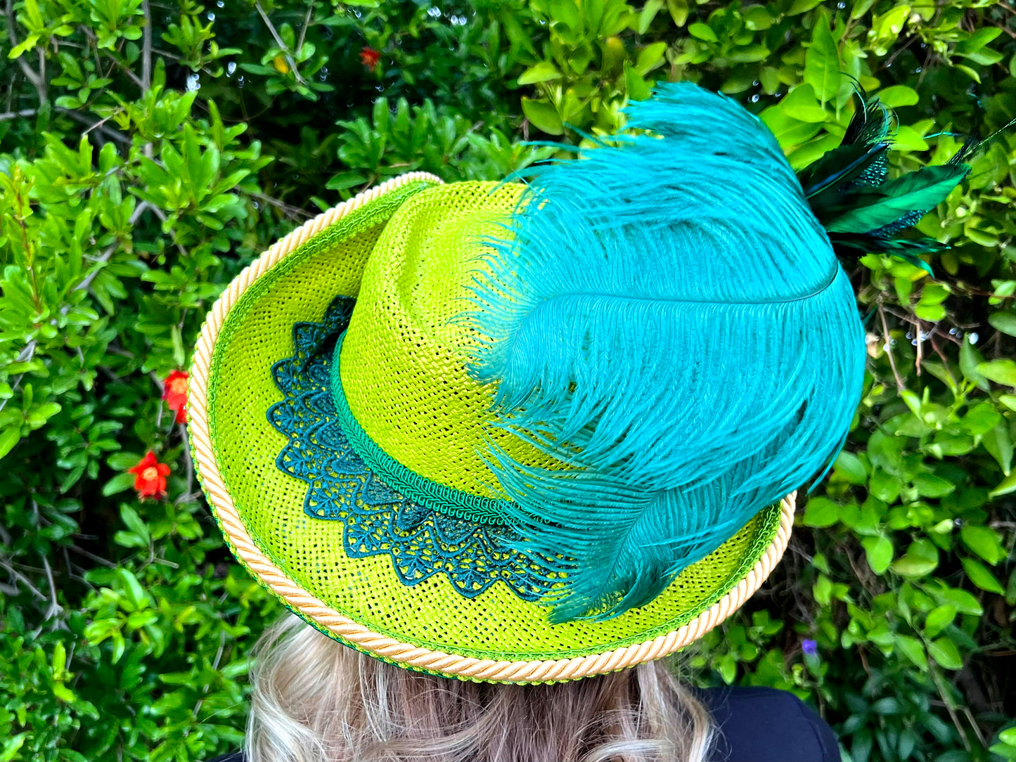 Bicorn Hat 22.5" Green Straw Base with Emerald Green Trim, Feathers, and Brooch