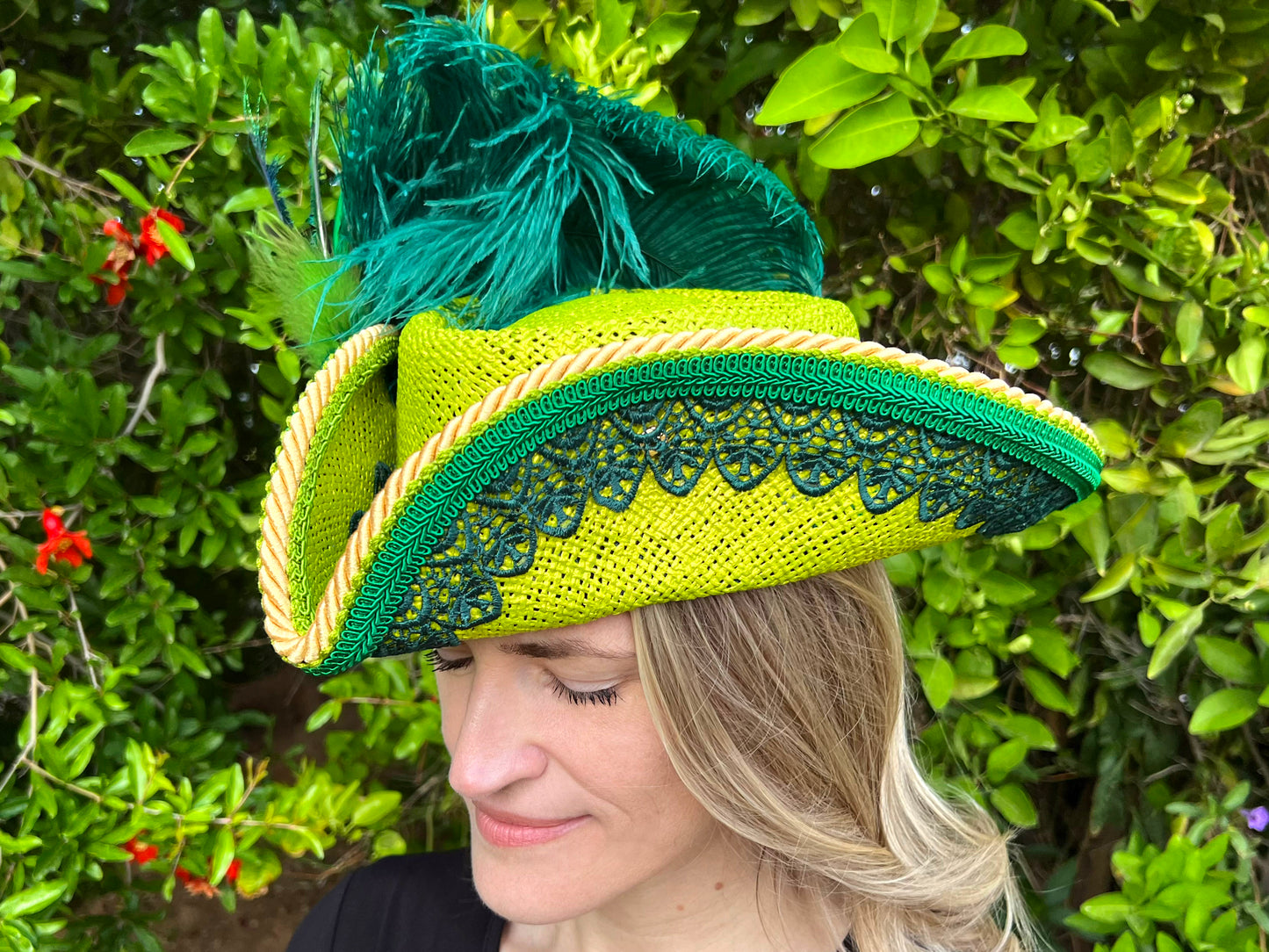 Bicorn Hat 22.5" Green Straw Base with Emerald Green Trim, Feathers, and Brooch